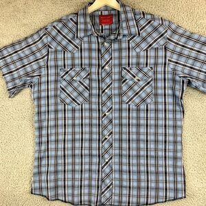 Rustler Western Shirt Mens Large X Long Tails Blue Plaid Pearl Snap Cowboy Ranch